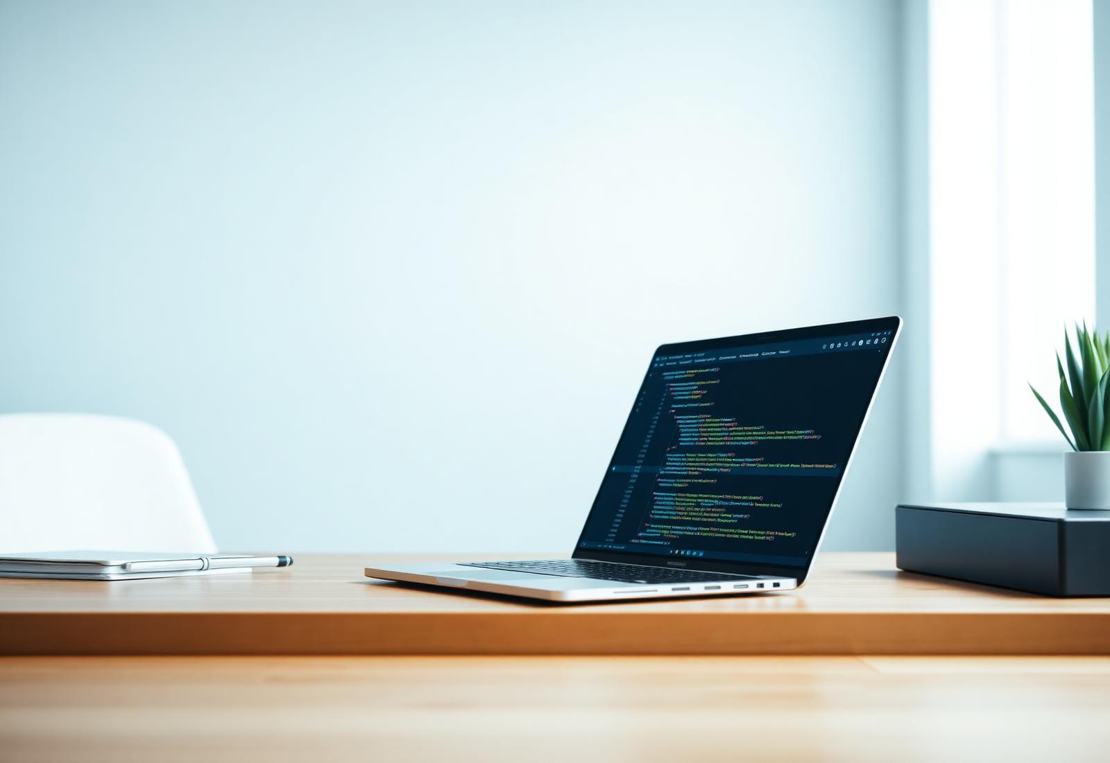 Werkplek met laptop en code